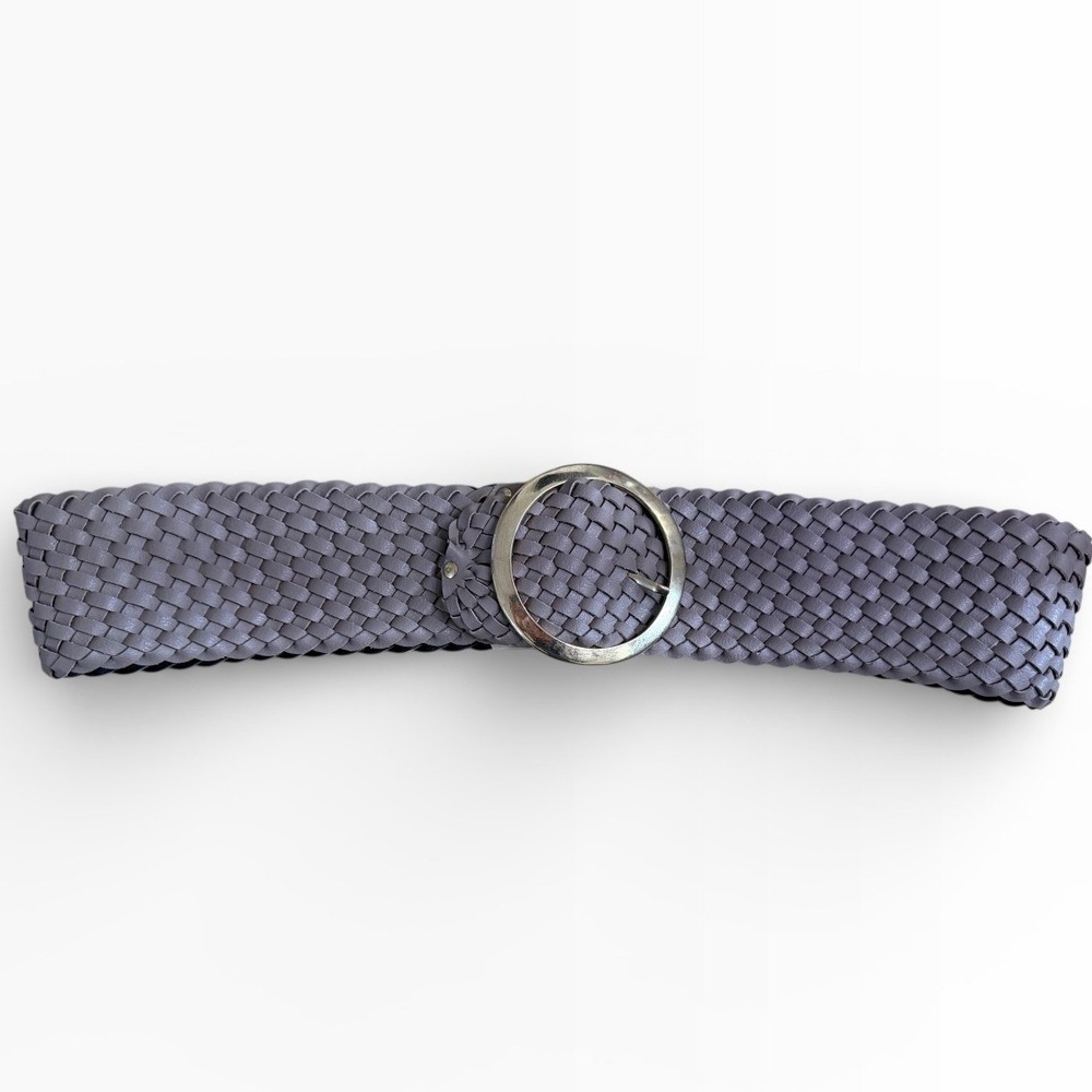 Vintage Woven Leather Belt Women Silver Tone Buckle Gray Braided Fashion